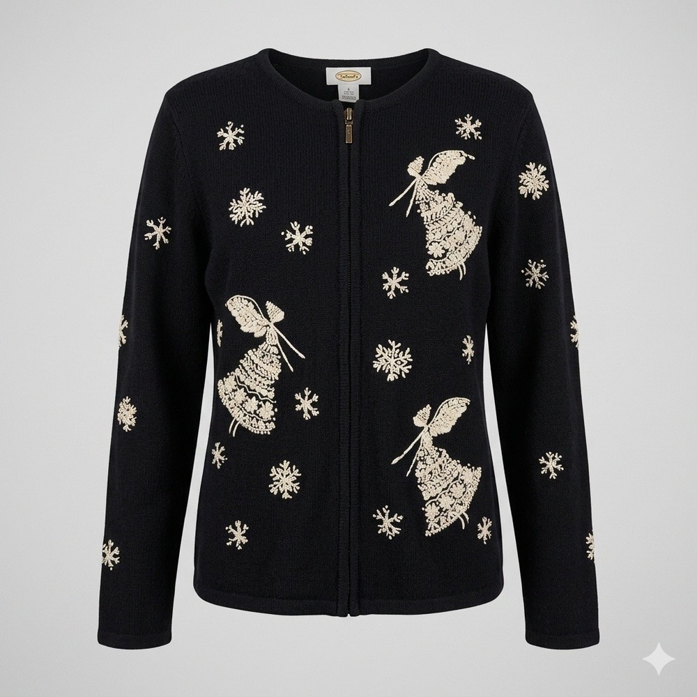 Talbots Y2K Black Embroidered Angel Snowflake Lambswool Angora Zip Cardigan L
